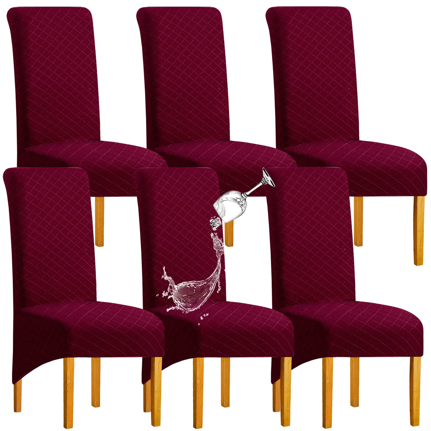 SHENGYIJING 1/2/4/6 PCS Diamond Lattice FStretch Waterproof XL Chair Covers for Dining Room Spandex Large Dining Chair Slipcovers High Back Jacquard Dining Chair Covers (Wine Red,Set of 6)