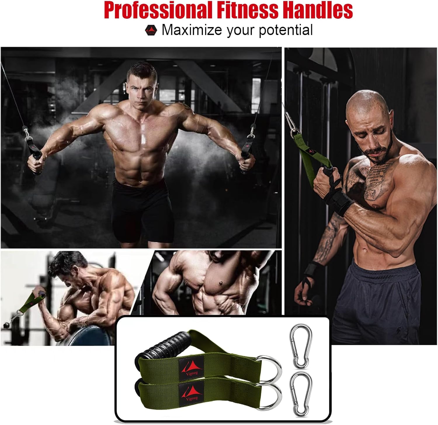 Heavy Duty Gym Exercise Handles Attachment for Cable Machine,Resistance Band,Pulley System Home Fitness Workout Equipment, with Elastic Rubber Grip and 2 Large Carabiners