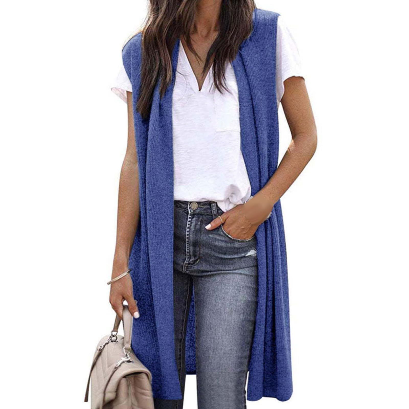 Chaqueta de punto para mujer de un solo color con frente abierto, chaleco de punto largo elástico, chaleco informal sin mangas, elegante, fino, sin mangas, abrigo de punto, cárdigan de punto monocolor