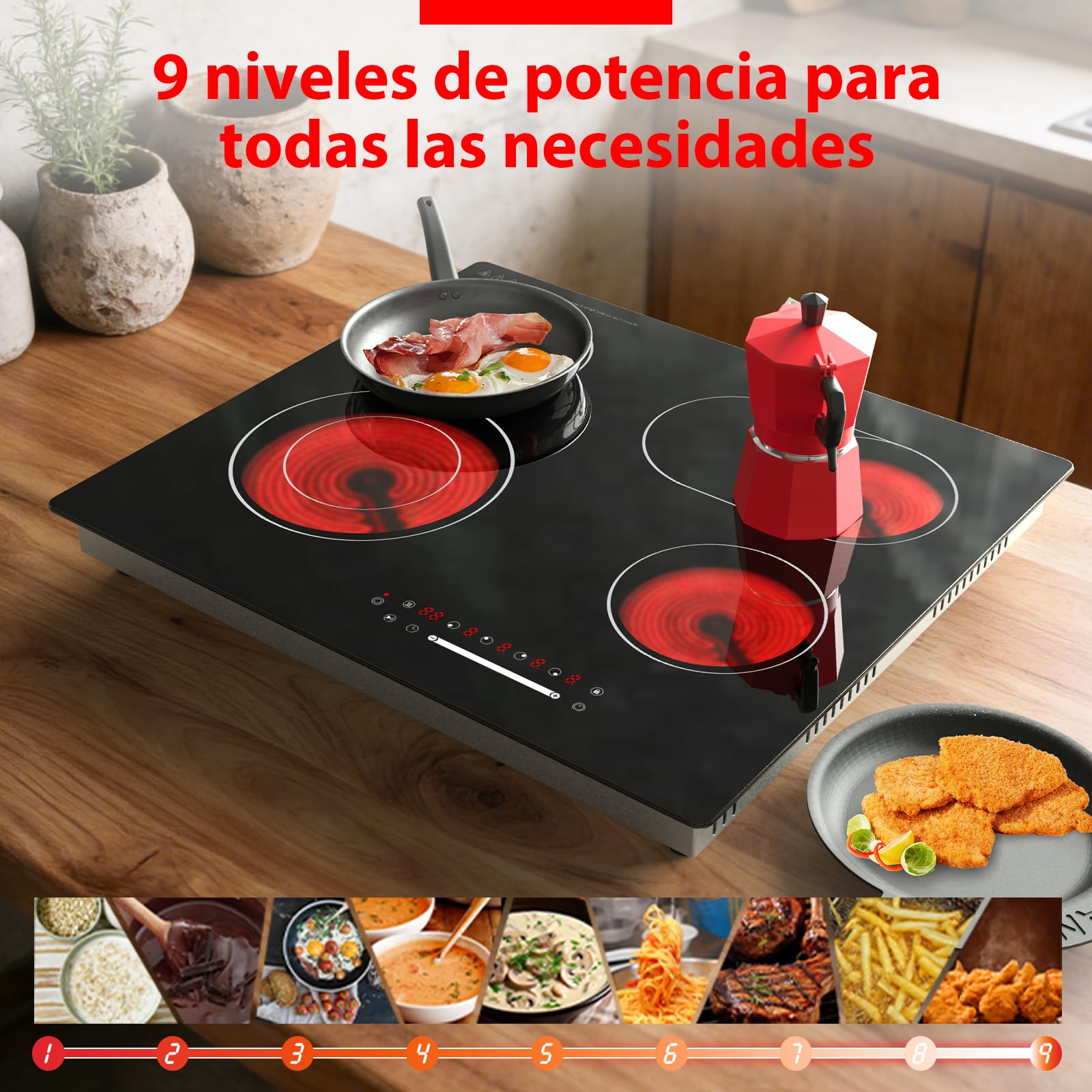 Placa Vitrocerámica 4 Fuegos 6700W Deslizante Extensible Seguridad Infantil