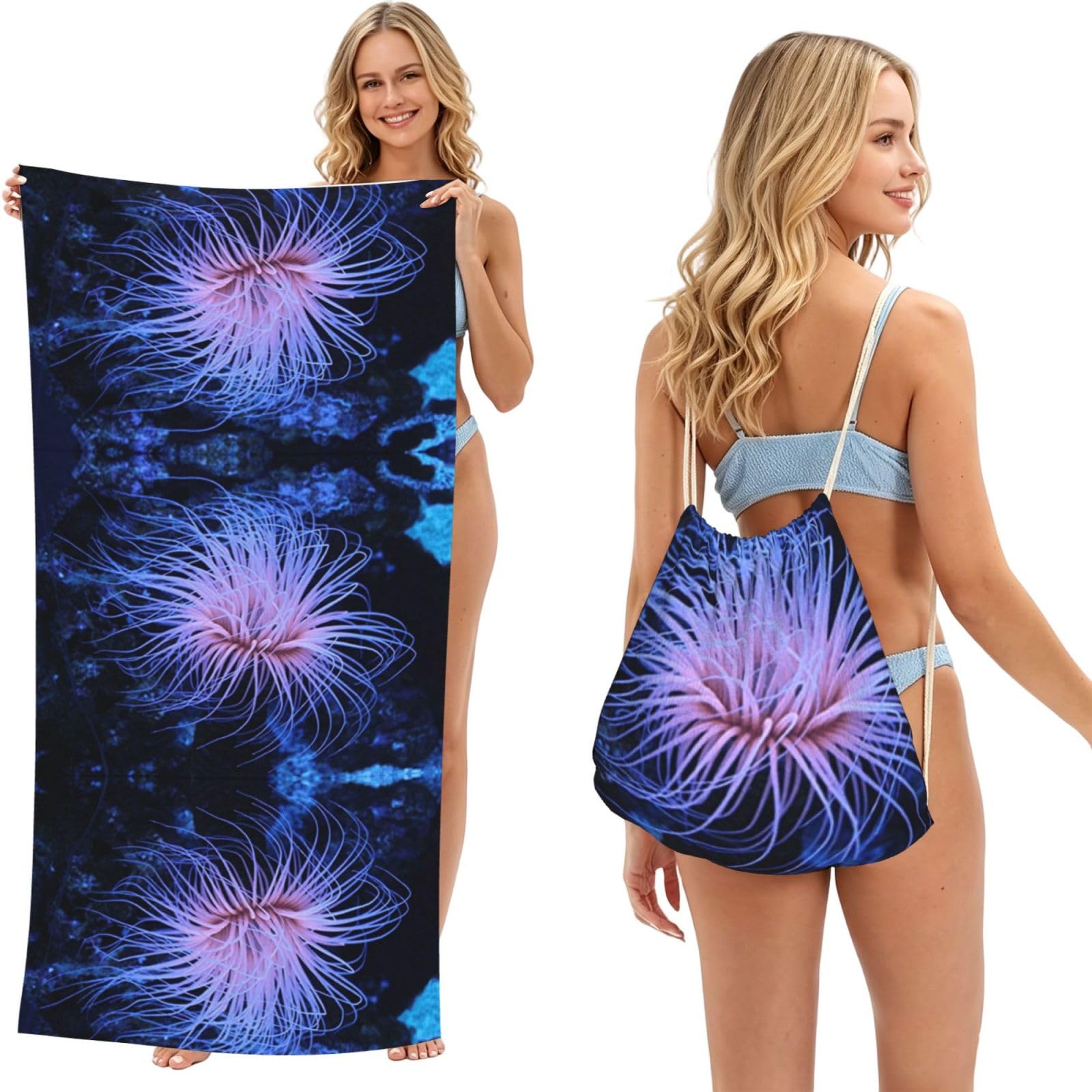 ESNAIUVCD Sea Anemone Print Beach Towel For Adults,Towel With Drawstring Bag, Travel Pool Swimming Sports Shower Sand Free Quick