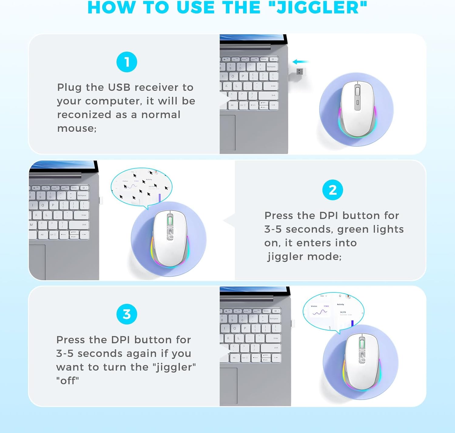 PEIOUS Wireless Mouse Jiggler - LED Wireless Mice with Build-in Mouse Mover, Rechargeable Moving Mouse for Laptop with Undetectable Random Movement Keeps Computers Awake - White & ...