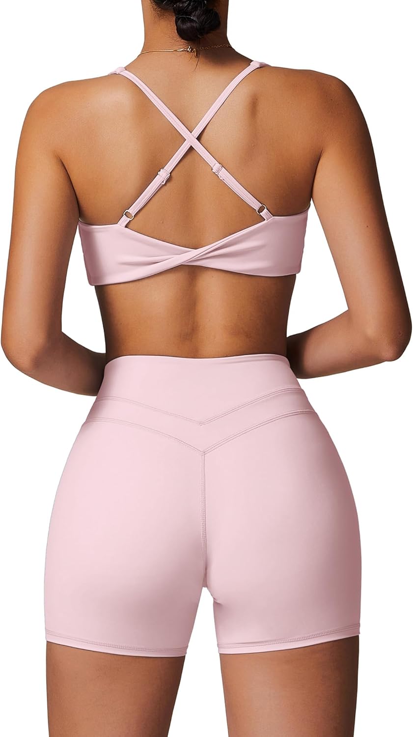 ABOCIW Workout Sets for Women 2 Piece V Neck Twist Back Sports Bra High Waist Biker Shorts Yoga Outfits