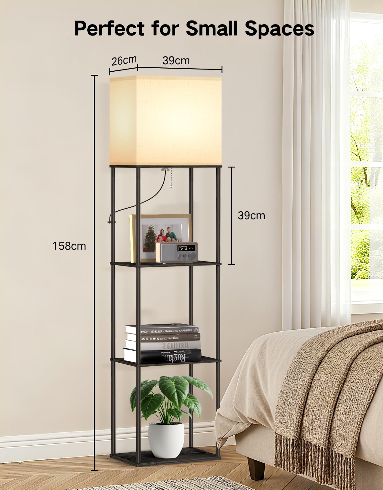 OUTON Lampada da terra con 3 ripiani, piantana design moderno con ripiano | in legno, libreria alta a 3 temperature di colore, LED lettura regolabile, Salotto, Camera, Ufficio (Nero)