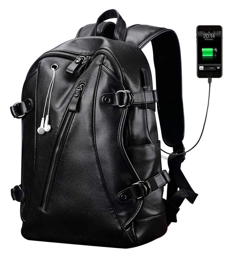 Black PU Leather 15.6 Inch Laptop Computer College Bookbag Men Business Backpack Daypack with USB Charging Port