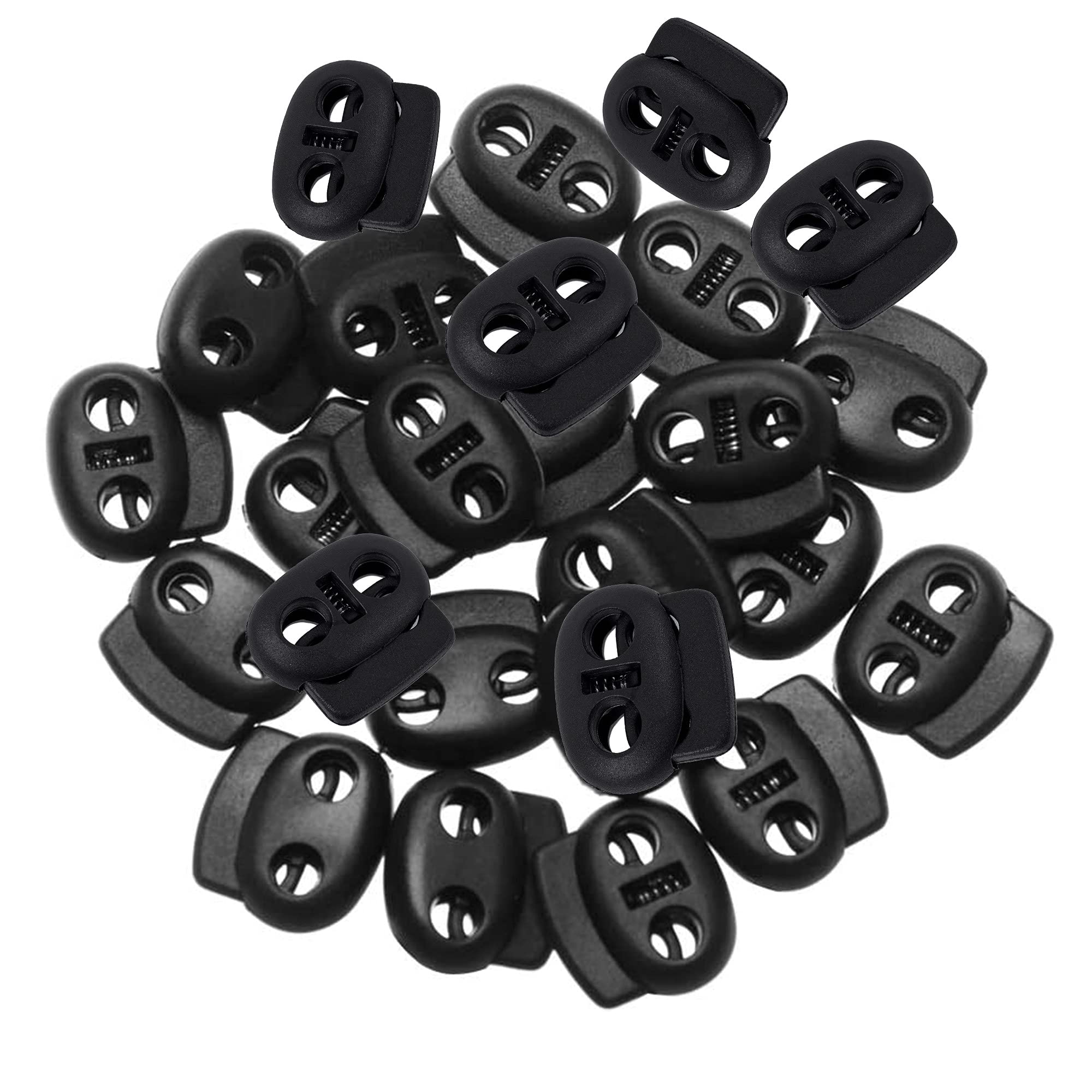 100 Pieces Cord clamp Hole Ends Lock Stopper Slider Small Black Cord Stopper Double Hole Locks Black Clamp Clip Spring Nylon for Backpacks Laces Band Clamp Toggle Stop Ropes Jackets Elastic Band