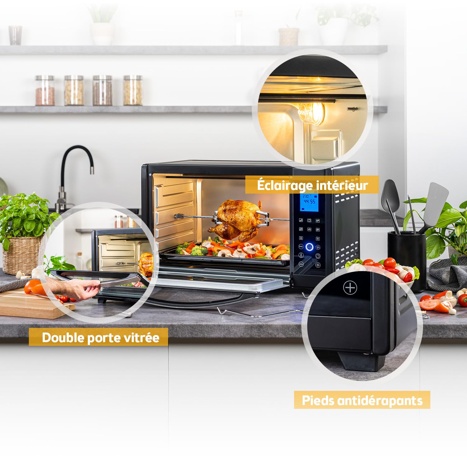 TZS First Austria - Mini-Four Numérique 30L 1600W Four avec réglage de la température jusqu'à 230°C, Avec minuteur de 60 min, 3 hauteurs d'insertion, plaque et grille, Pour petites cuisines et camping