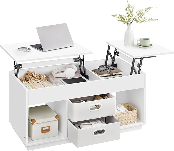 VASAGLE Coffee Table, Lift Top Coffee Table with 2 Drawers and Hidden Compartments, Center Table with Lift Tabletop, Open Compartments, for Living Room, Home Office, Snow White ULCT210W01