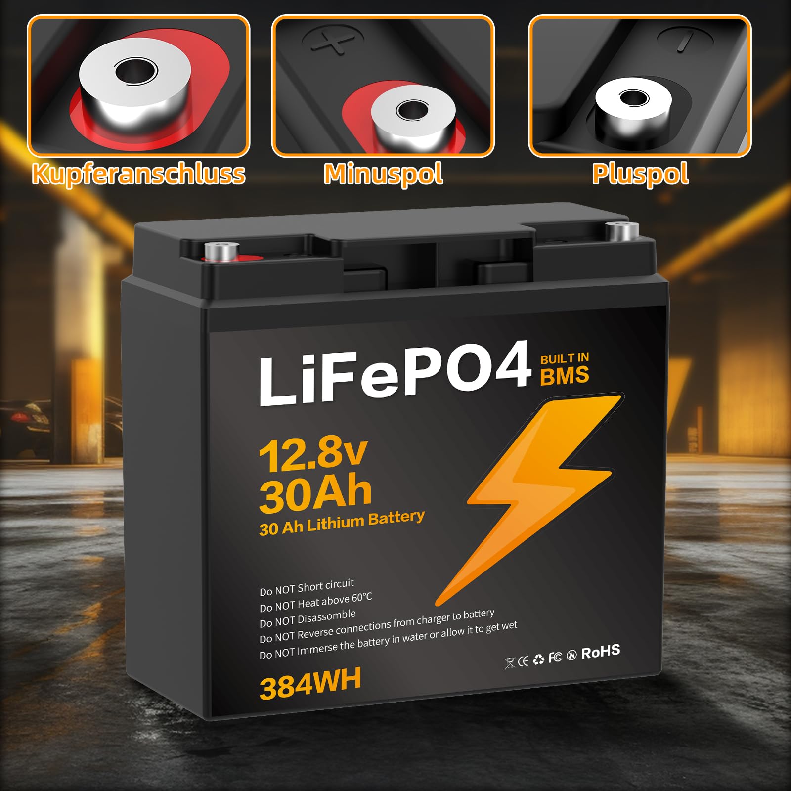 12V 30Ah Batteria LiFePO4, 15000 cicli di Scarica Profonda BMS 384Wh Adatta per moto Tosaerba Viaggi in Camper Barche Campeggio Ecoscandagli e Impianti Solari
