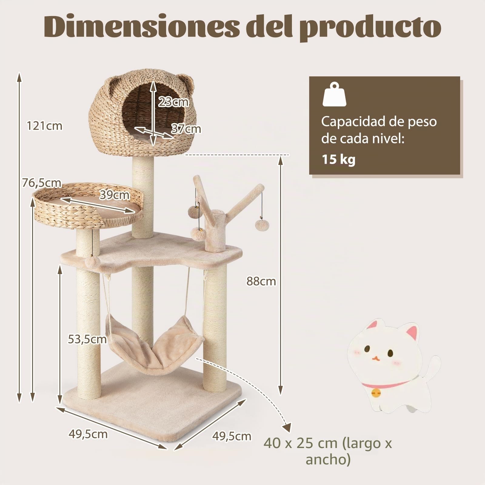 SOARS Rascador de varios niveles, 121 cm, con cueva y hamaca, 4 bolas y cama, árbol de escalada para gatos, estable