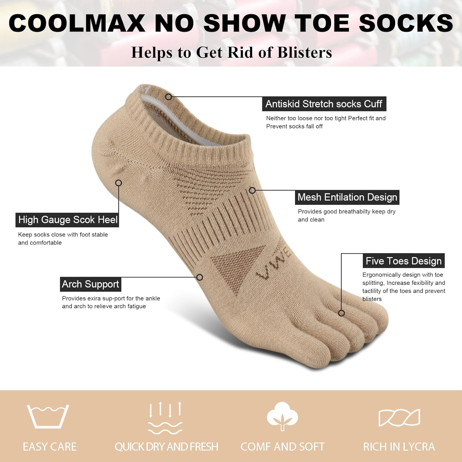 VWELL No Show Toe Socks for Men Women COOLMAX Five Finger Socks Athletic Running Ankle Low Cut 5 Toe Socks (3Pairs)