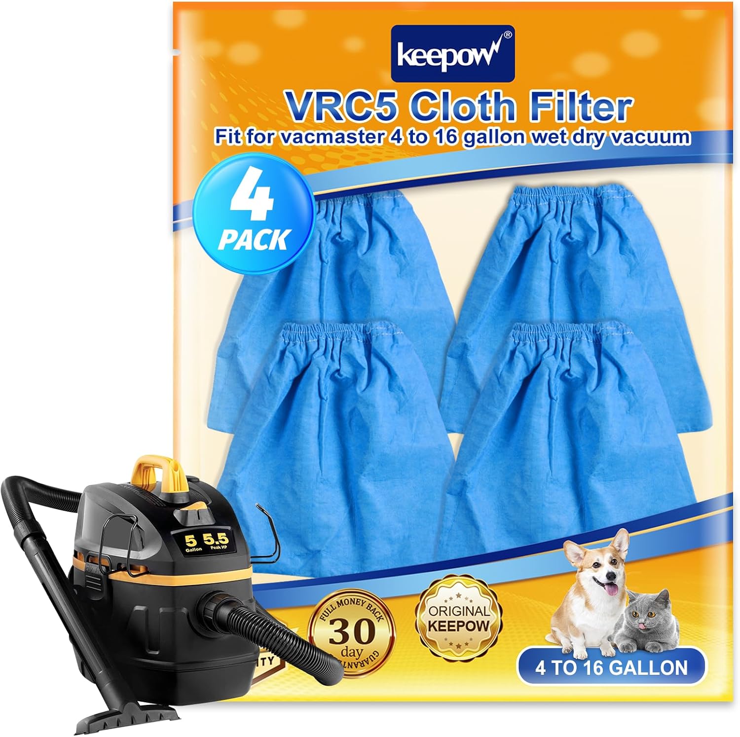 KEEPOW Shop Vac Filter Bags Compatible with Vacmaster 4 to 16 Gallon Wet Dry Vacuums VBV1210 VJC507P, Cloth Filter Bags 6 Pack, Part #VRC5