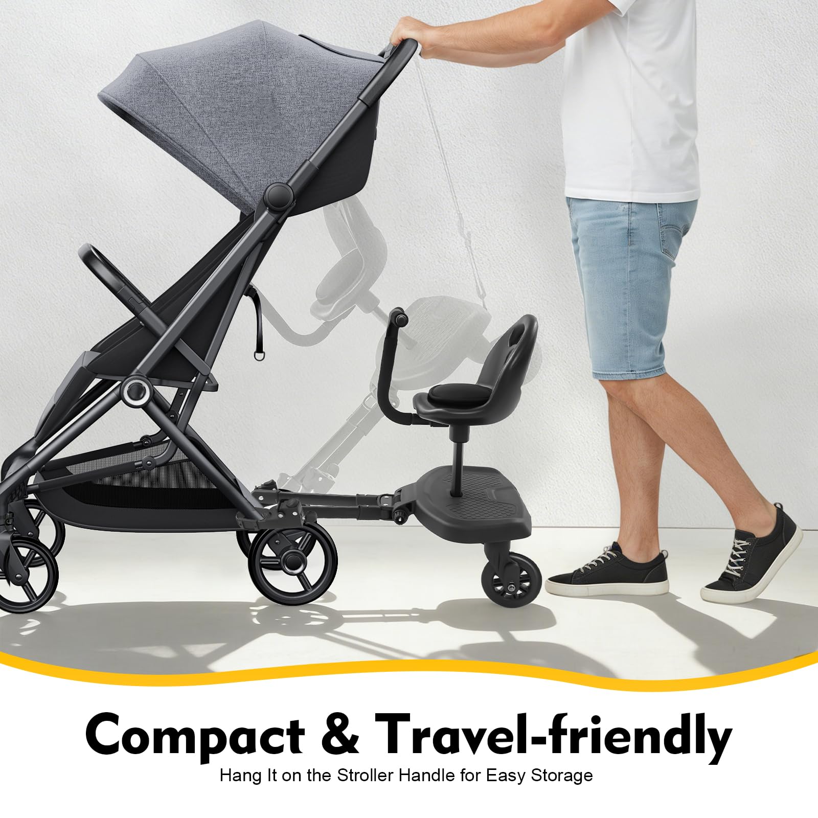 Pedana universale per passeggino, con sedile 2 in 1, portata 50 kg, per passeggino 2-6 anni, ruote girevoli a 360° con sospensioni, superficie antiscivolo