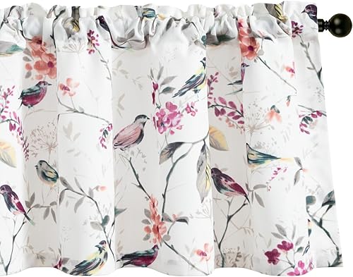 Miniatura 216 de VOGOL Cenefas con patrón de pájaros para ventanas de cocina, cenefa texturizada de lino con estampado floral y pájaros para ventanas pequeñas