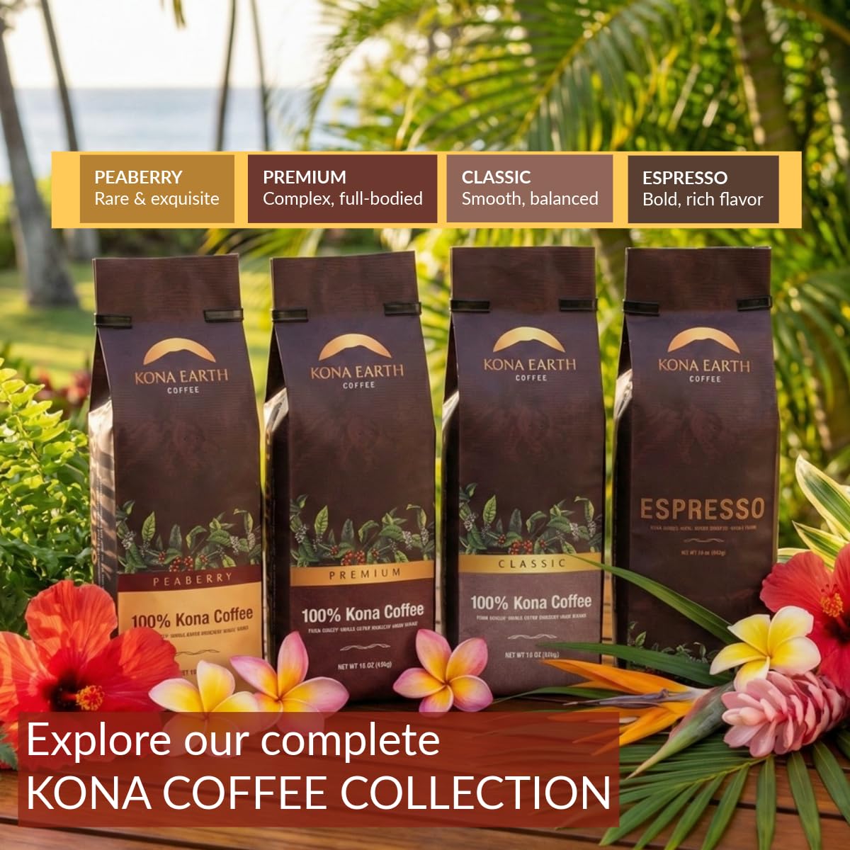 KONA EARTH 100% Kona Coffee, Classic Medium Roast, Whole Bean, 1 lb (16oz) Farm-Direct, Authentic Hawaiian Kona Coffee beans from Hawaii’s Big Island, Micro-Batch-Roasted