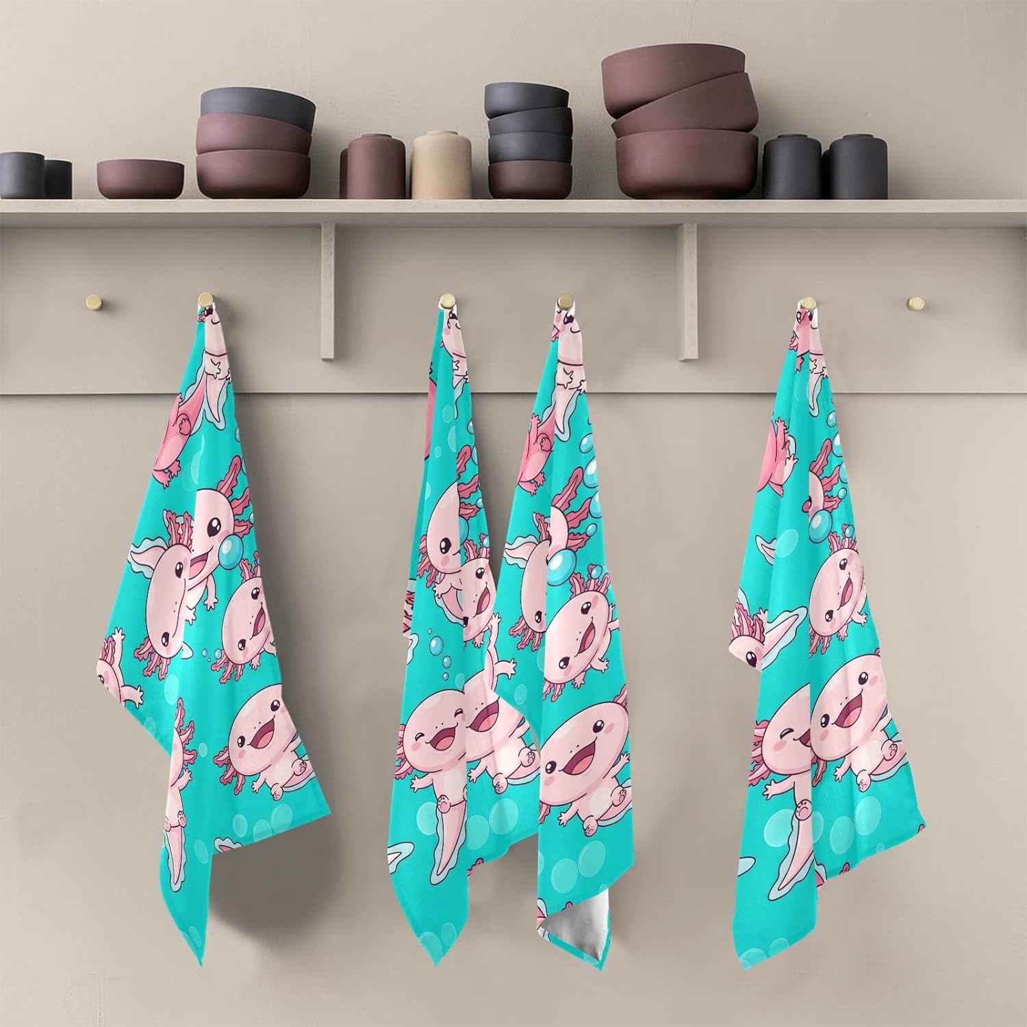 ODAWA Cute Cartoon Axolotls Teal Dish Towels Kitchen Dishcloth Towels Hand Towels Housewarming Gifts, Set of 6