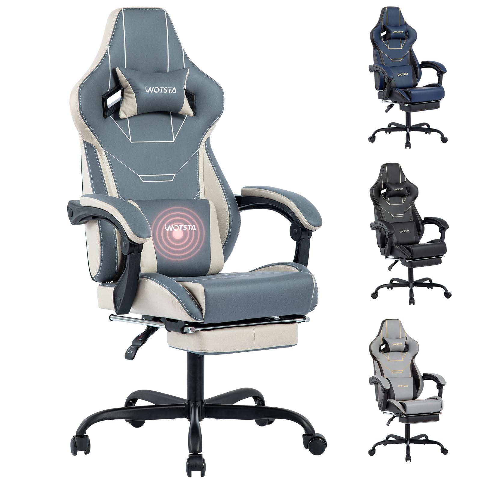 WOTSTA Gaming Stuhl Ergonomisch Gaming Chair Bürostuhl mit Fußstütze Racing Computerstuhl Höhenverstellbar Gepolstert Computerstuhl Lendenwirbelstütze