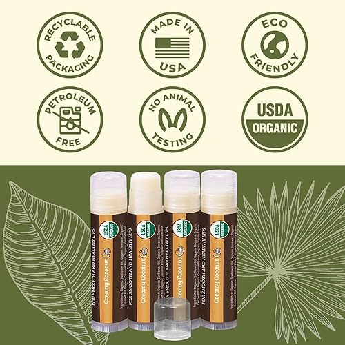 Miniatura 6 de Earth's Daughter - Bálsamo labial orgánico USDA, paquete de 4 unidades, sabor cremoso a coco, cera de abejas, aceite de coco, vitamina E, el mejor