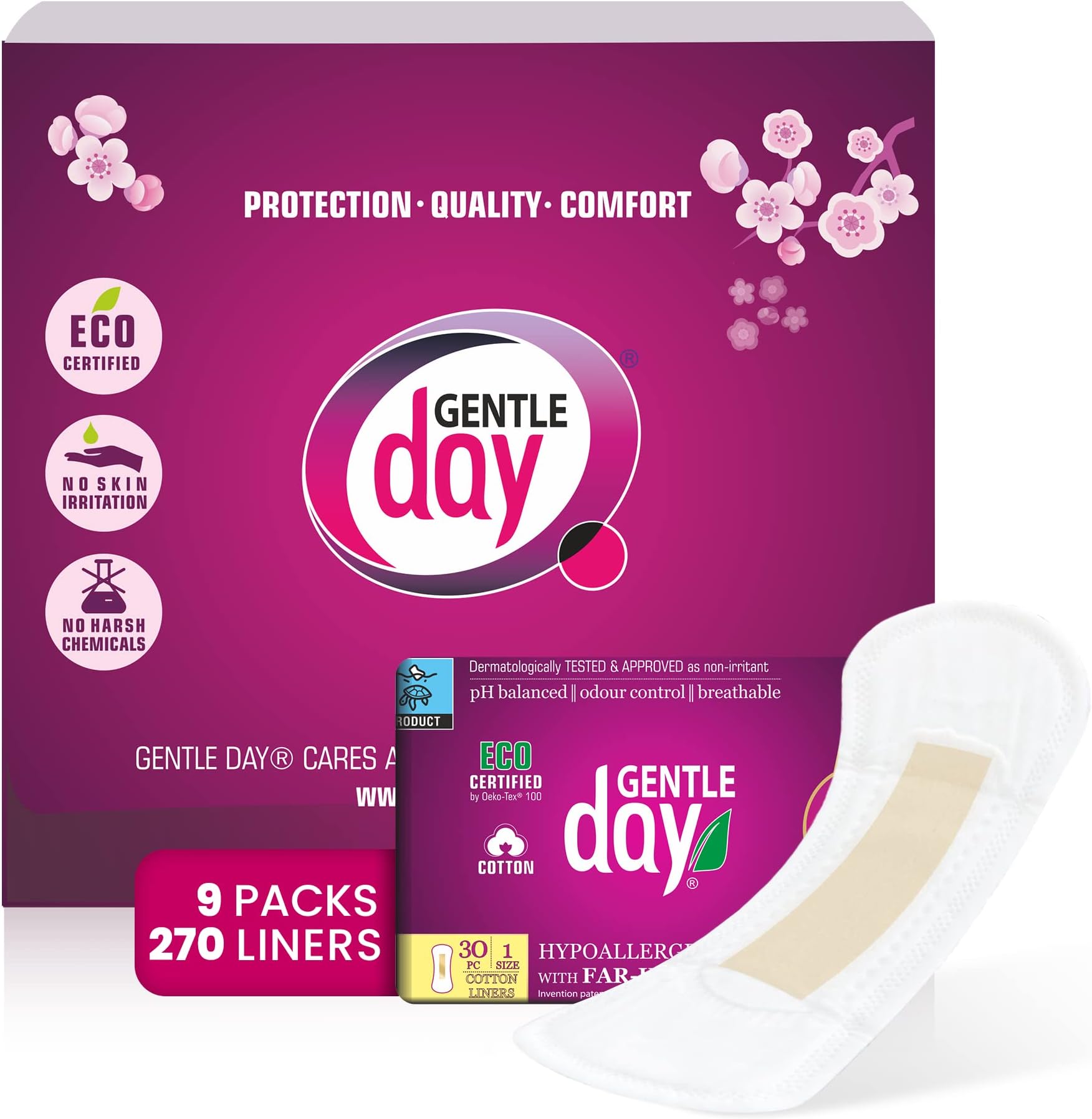 Patented Gentle Day® Far-IR Anion ECO Certified Pantiliners, Vegan & Non-Toxic Liners, Cotton Panty Liners for Women with Far-IR Anion Strip, Soft & Breathable (Regular Liners)