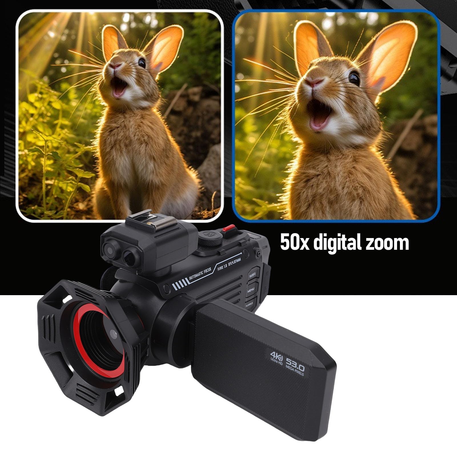 Tosuny Caméscope Vidéo 4K 53MP, Enregistreur D'appareil Photo Numérique avec écran Couleur de 3 Pouces, Zoom Numérique 50X, Mise au Point Automatique, Caméra de Vlogging WiFi pour Voyage, (Black)