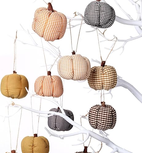 Miniatura 5 de 12 piezas de decoración de otoño de Acción de Gracias, tela a cuadros, bellotas y calabaza, adornos colgantes de bandeja de otoño, decoración de