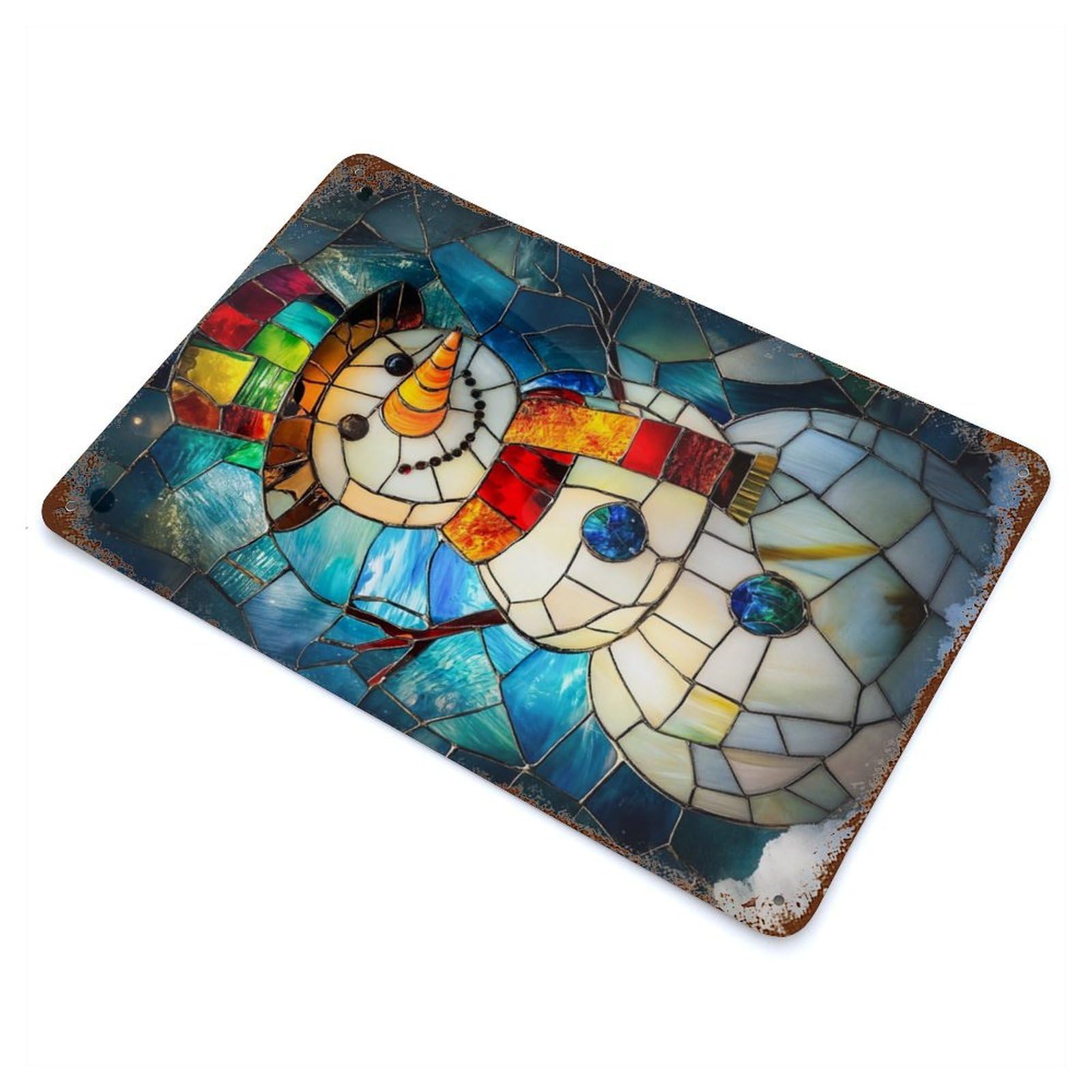 Vintage Rust Metal Sign with Stained Glass Snowman Design 11.8"x7.9", for Garage, Bar And Workshop Decor, Retro Wall Decor