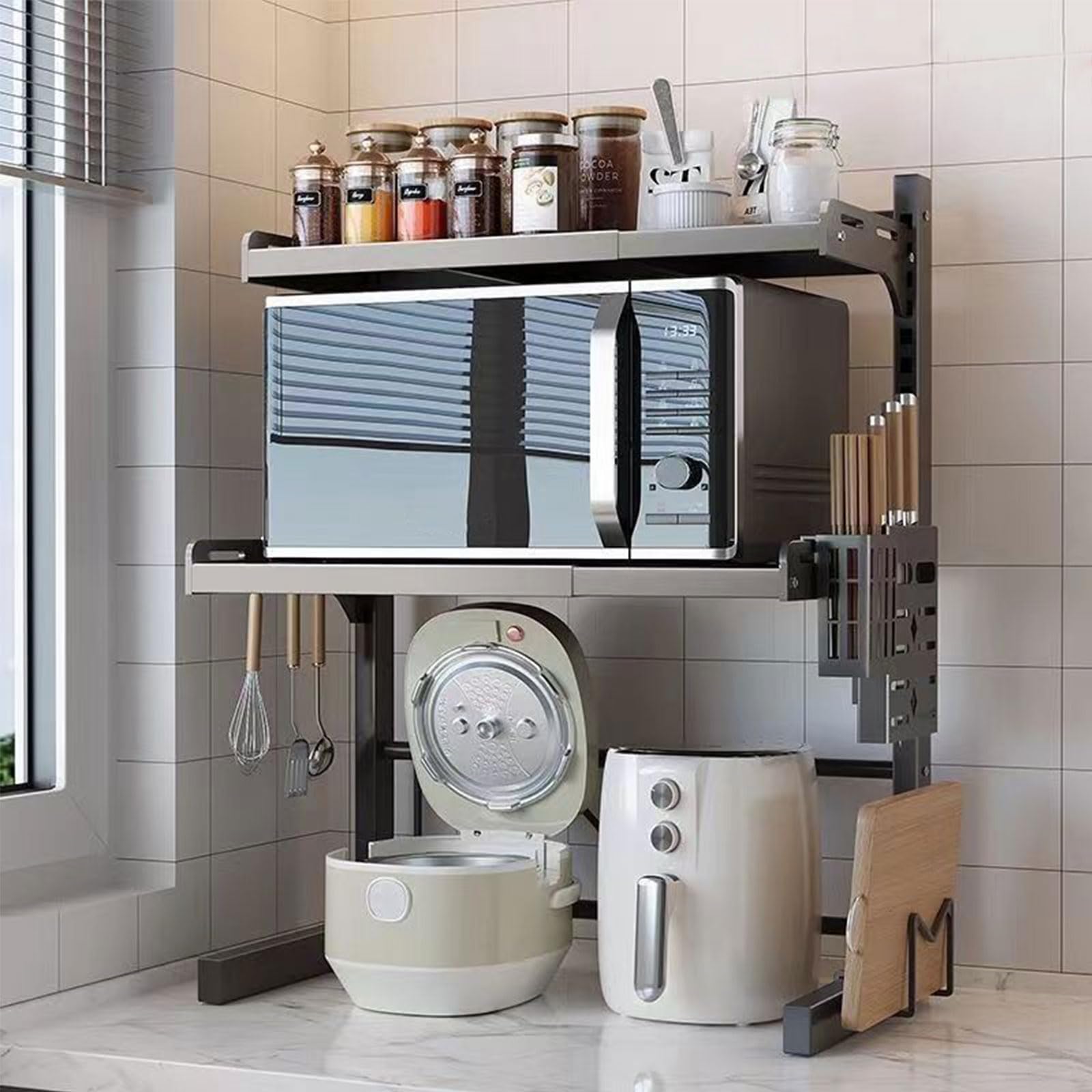 Mensola Microonde Estensibile 39-62CM Supporto per microonde espandibile a 2/3 livelli Acciaio Carbonio Ripiano Contatore Cucina Organizzatore Ripiani, 4 Ganci, Carico Pesante 25KG, Nero (3 livelli)