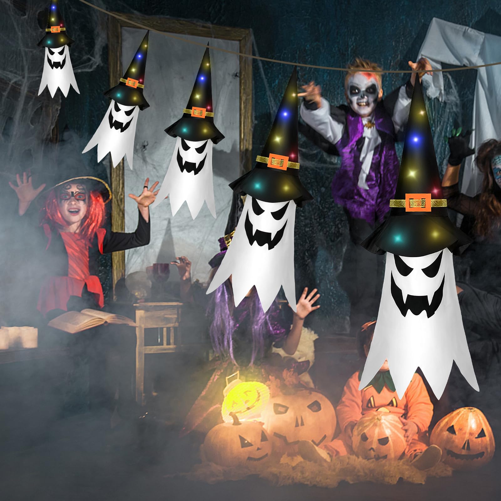 Timiyou Halloween-Deko Garten Outdoor, 5 Stück Hängende Geister mit Hexenhut, Halloween Lichterkette Fliegende Geisterhüte mit 10 LED Lichtern