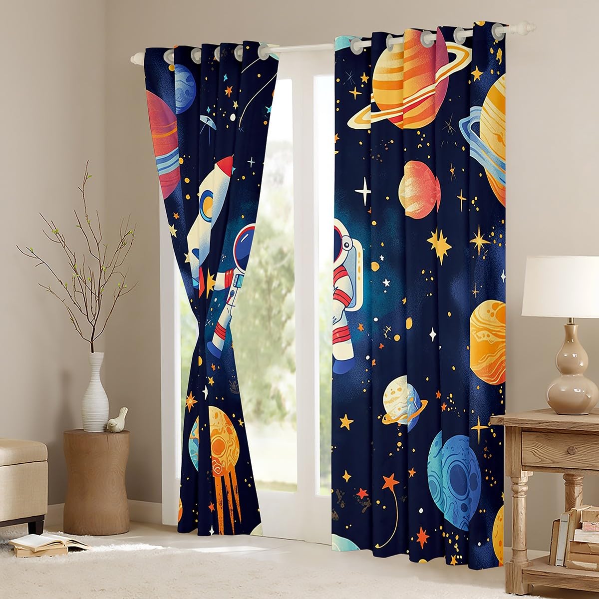 Homemissing Space Rocket Curtains (2 Panels,W46*L72) For Bedroom Kids Boys Teens Cosmonaut Spaceman Window Curtains Outer Space 30%-50% Blackout Curtains Universe Planets Room Decor Window Treatments - Image 3