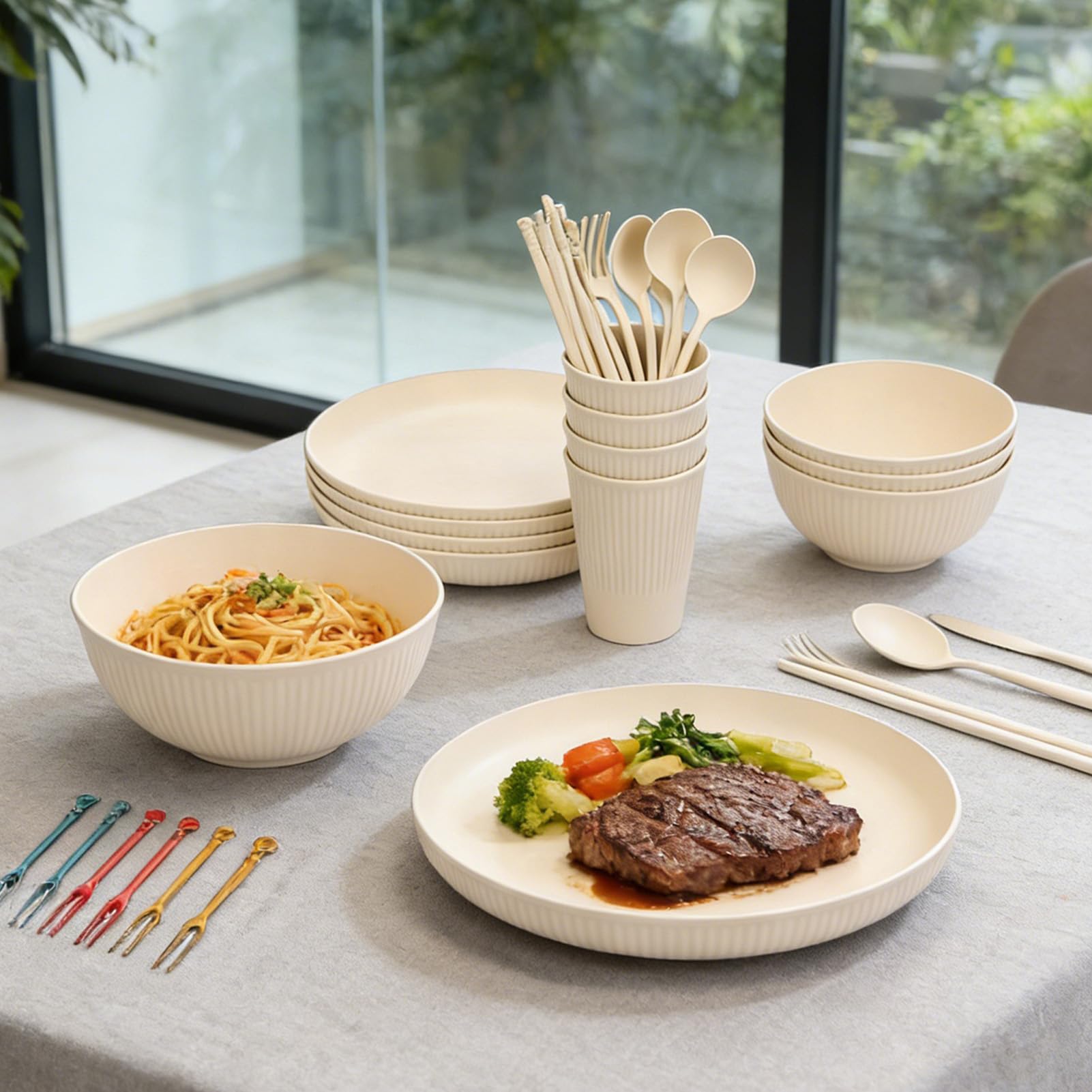 Haofy Juegos de Vajilla Platos Irrompibles Tazones Tazas Irrompibles Ligeros para 4 Personas con Caja de Almacenamiento Cuchara Tenedor Palillos Apto para Lavavajillas Microondas para
