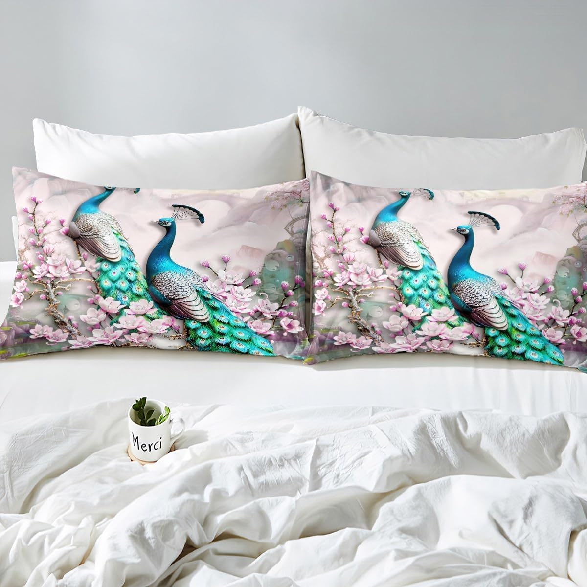 Peacock Bedding Duvet Cover Sets,Elegant Gorgeous Blue Feather Comforter Cover for Girls Women Pink Flower Soft Quilt Cover 2Pcs,Birds Animal Theme Decor Bedspread with 1 Pillowcase,Twin Size