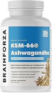 Brain Forza KSM-66 Ashwagandha Organic Pure Root Extract, Strongest 1,000mg Dose, High Potency 5% Withanolides, Hormone Health, Cognitive Support, Organic, Non-GMO, 90 Capsules