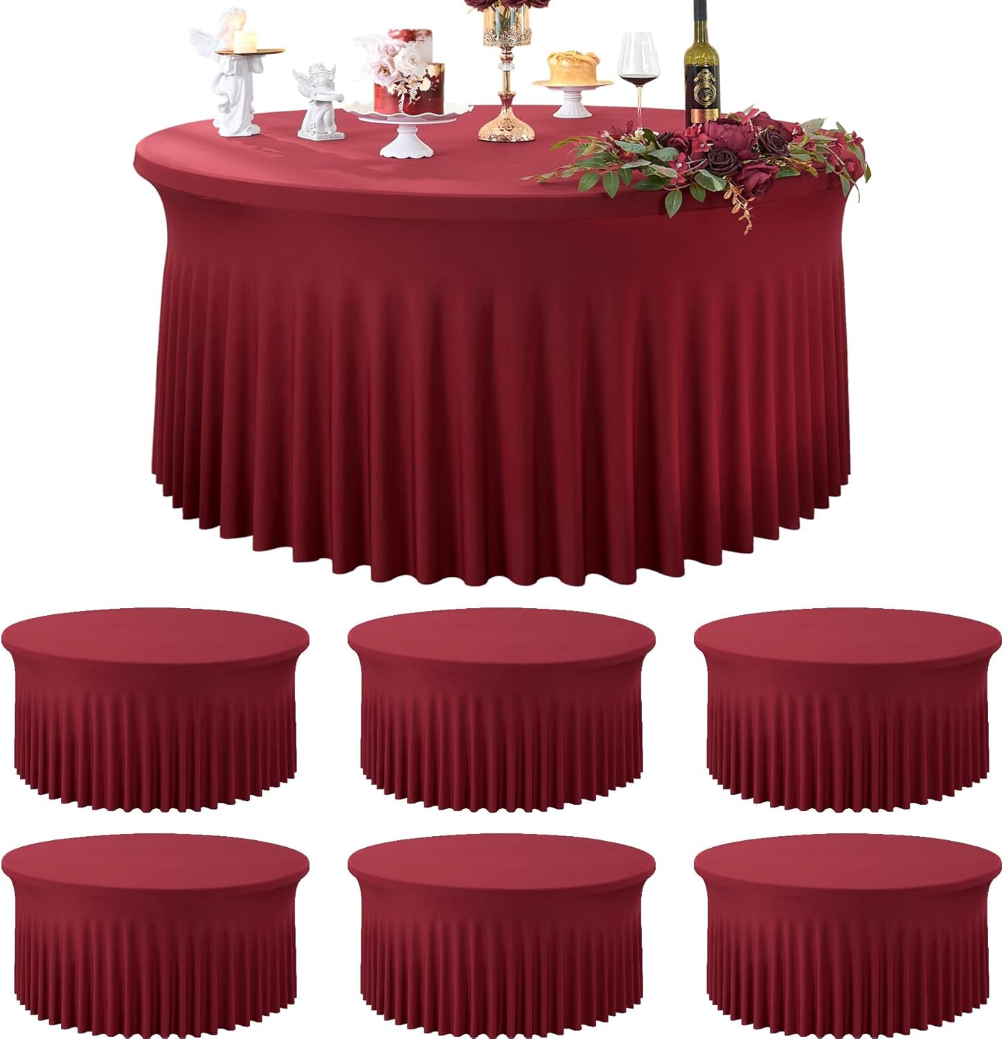 6 Pack Burgundy Spandex Round Tablecloths for 60 inch Table, Stretchy 120inch Fitted 5FT Round Table Cloths, Wrinkle Free Maroon Table Cover with Skirt for Wedding Party Dining Banquet Burgundy 60inch(6pack)