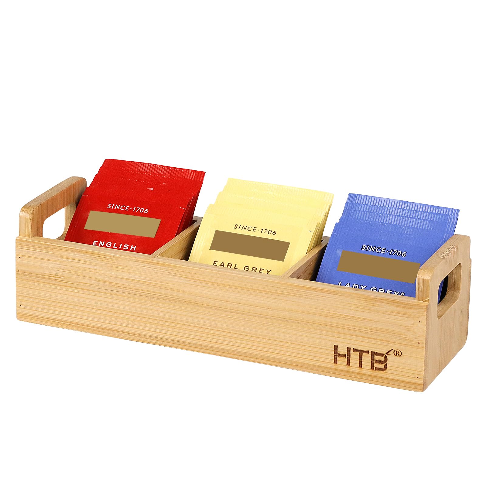 HTB Small Bamboo Tea Bag Holder with 3 Compartments