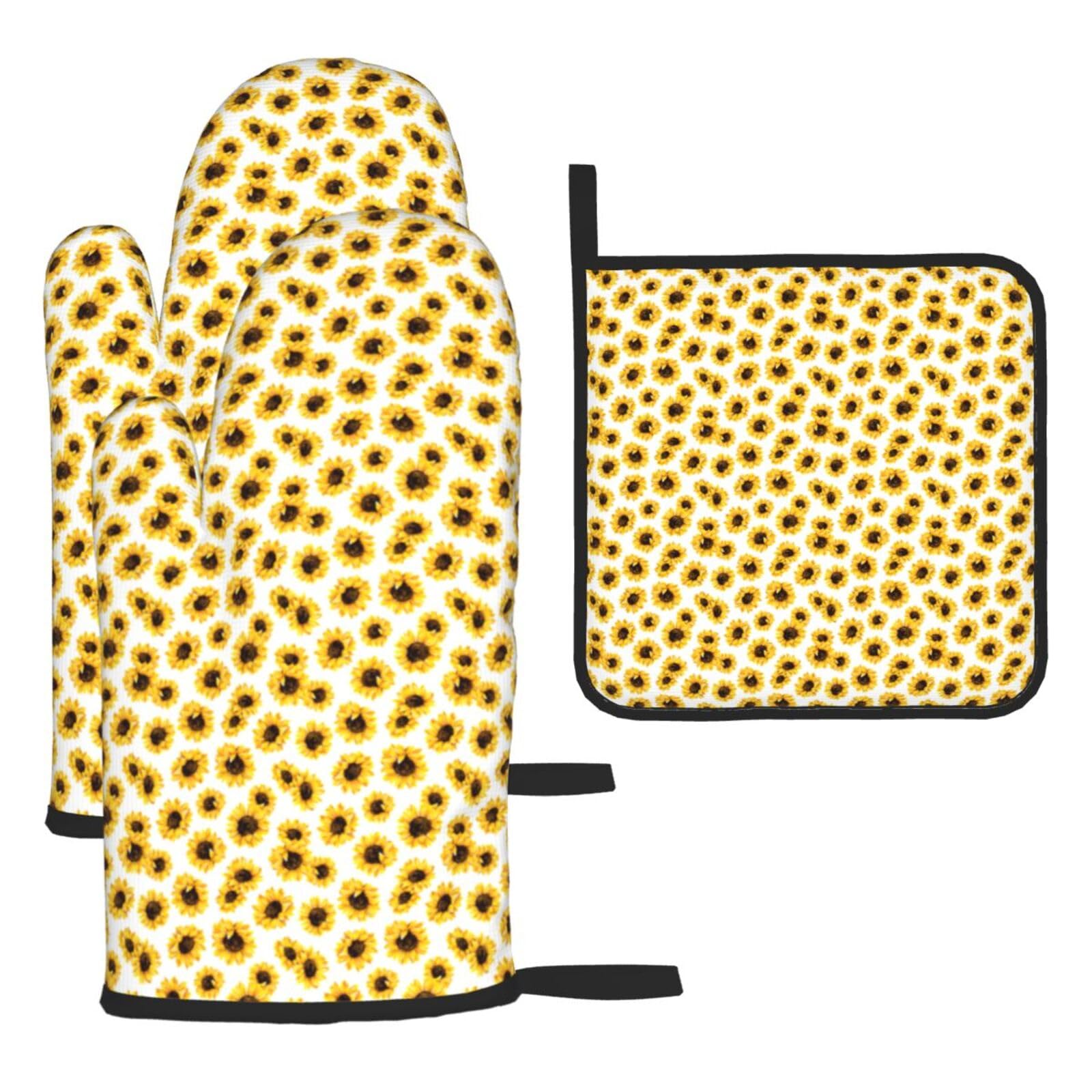 Sunflower Print Oven Mitts Kitchen Gloves Set Everyday Baking Grilling Microwaving Cooking Gift