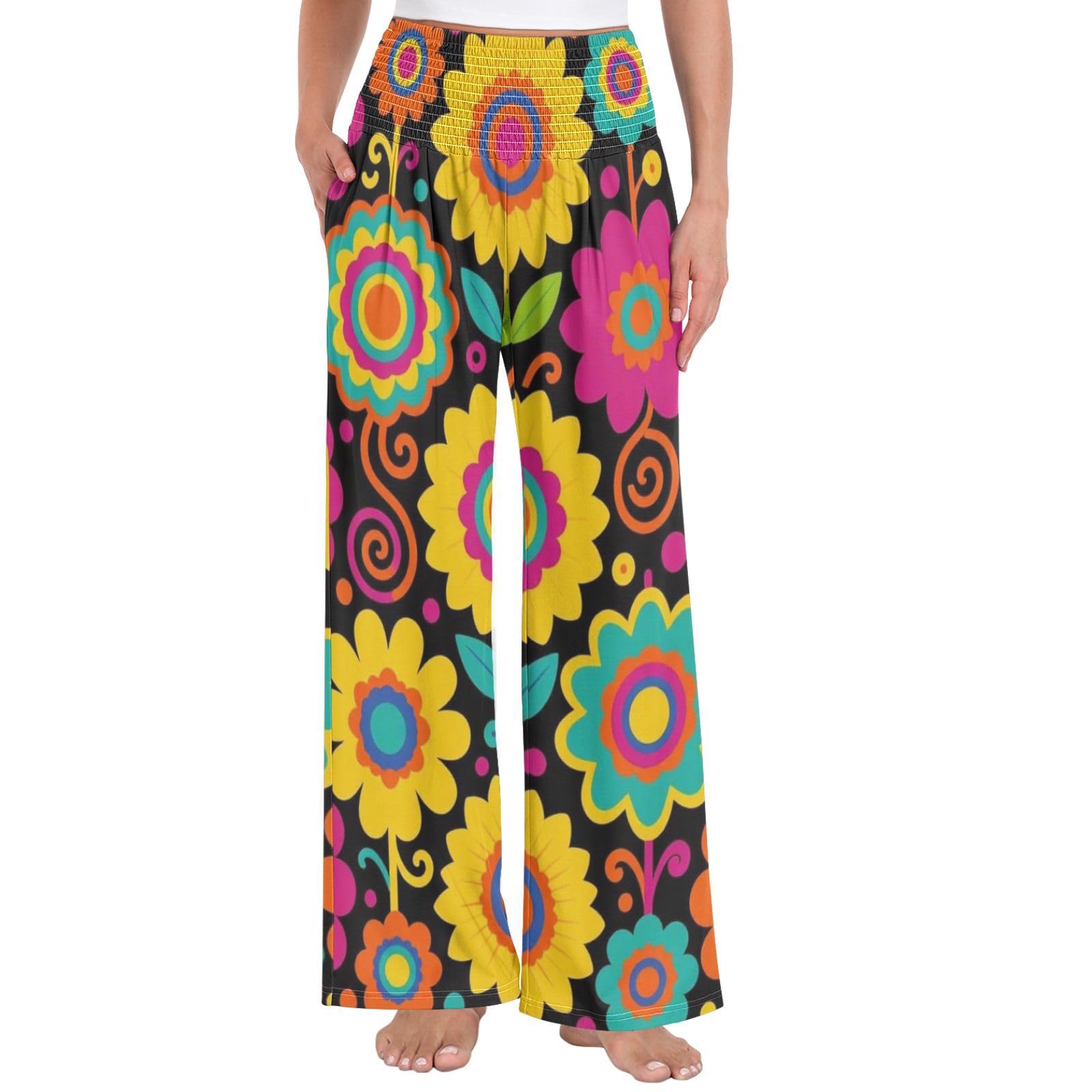 Retro Groovy Floral - Pantalones largos casuales para mujer, ligeros, elásticos, casuales