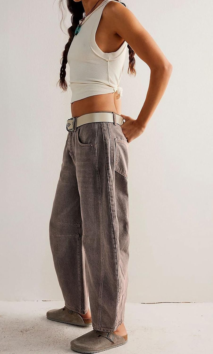 Womens Stretchy Mid Rise Barrel Jeans Vintage Loose Wide Leg Cropped Denim Pants Y2k Baggy Boyfriend Jeans - Image 5