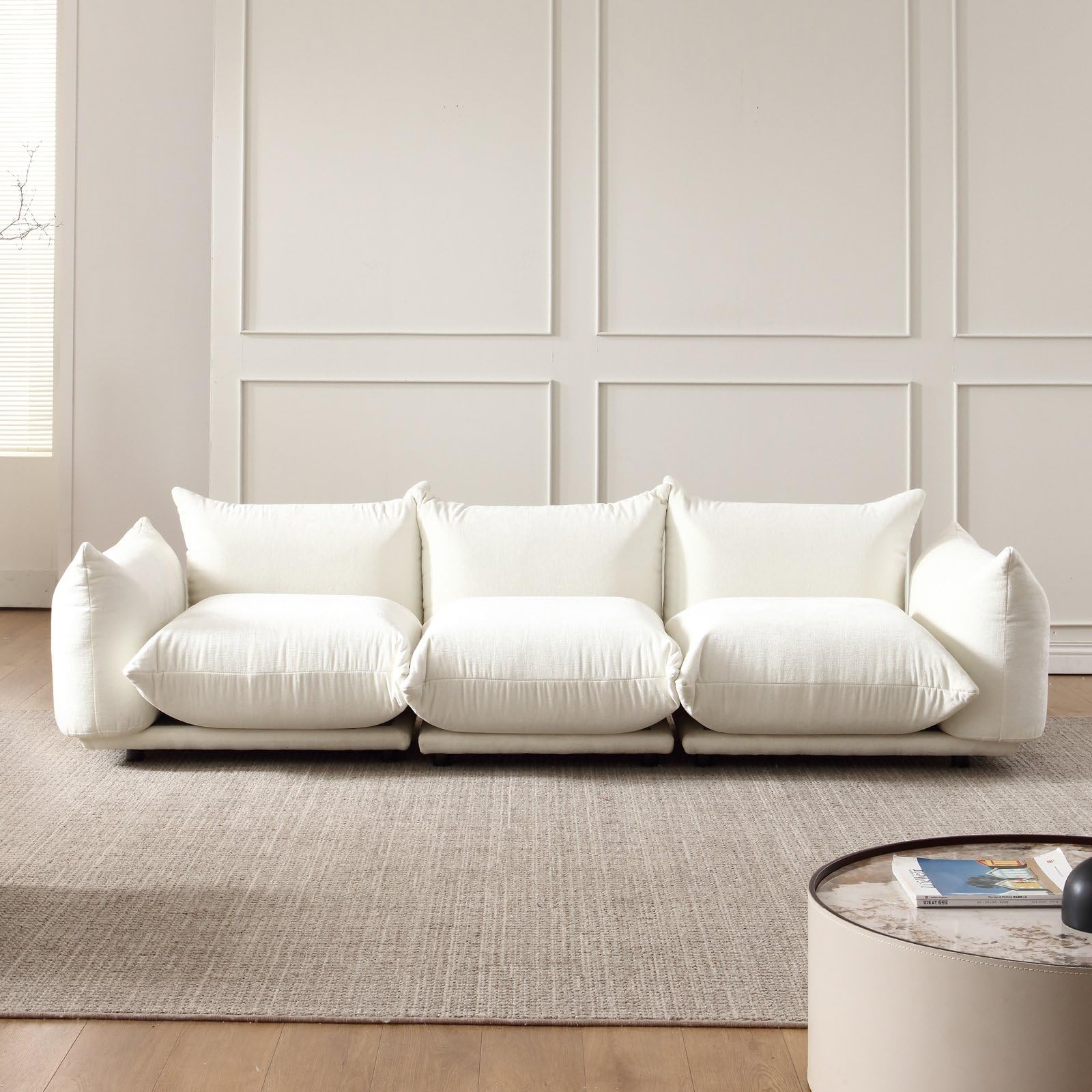 Mid-Century Modern Comfy Sofa Couch with Thick Cushion,3 Seater Chenille Sectional Sofa Deep Seat Couches for Small Spaces Living Room Bedroom Office Apartment,White