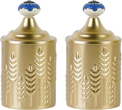 Gold Kitchen Canister Set of 2, Ear of Wheat Pattern Embossed | Metal Tea Coffee Sugar Container with Ceramic Handle Decorative Food Storage for Countertop