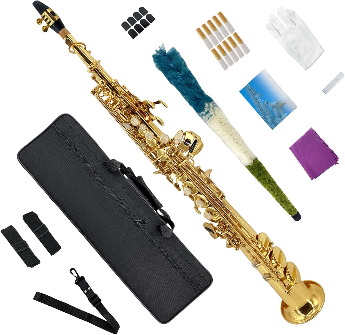 Bb Straight Soprano Saxophone Gold Lacquer Brass with Exquisite Carving and Shell Keys Full Set Includes Hard Case Mouthpiece Reeds Gloves for Students