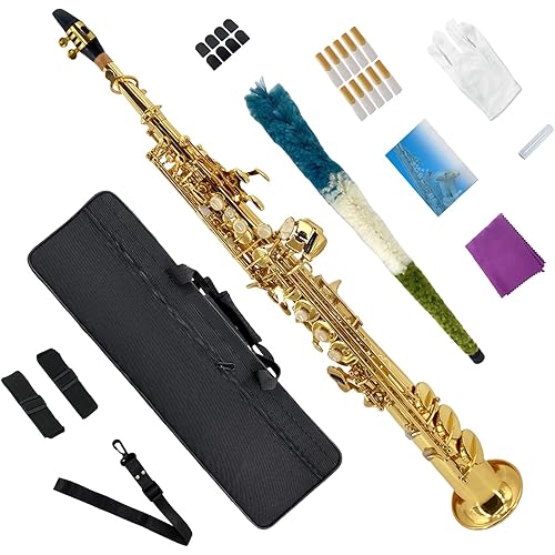 Bb Straight Soprano Saxophone Gold Lacquer Brass with Exquisite Carving and Shell Keys Full Set Includes Hard Case Mouthpiece Reeds Gloves for Students