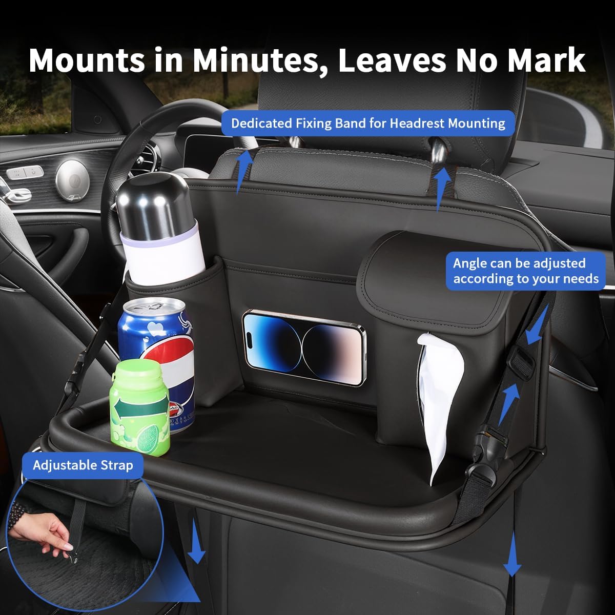 Backseat Car Organizer with Foldable Table Tray, Multifunctional Leather Car Back Seat Storage Organizer with Cup Phone Tissue Holder (Black)