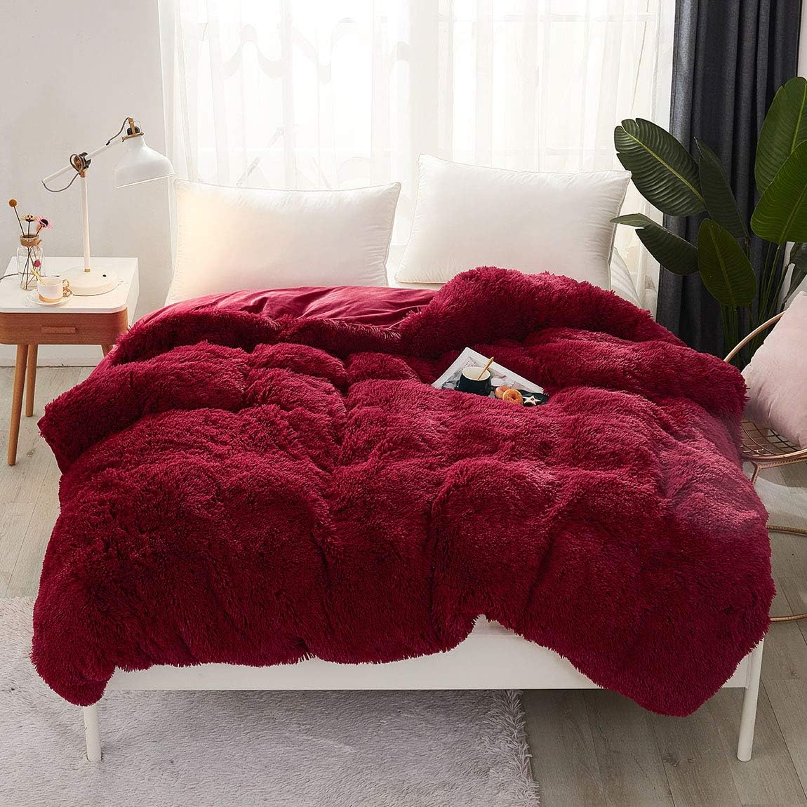 JAUXIO Luxurious 1PC Faux Fur Duvet Cover Plush Shaggy Bed Blanket Ultra Soft Crystal Velvet Reverse (Burgundy, King)