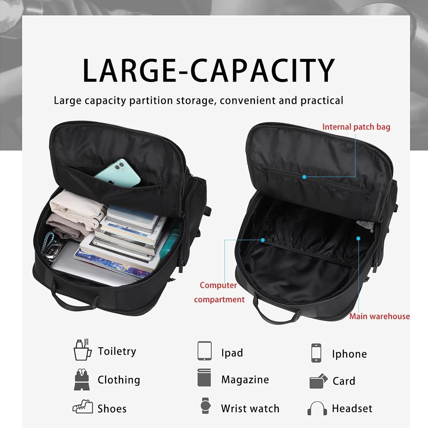 HEAD Large Laptop Backpack for Men with Trolley Sleeve, Travel Backpacks Fits 17.3 inch Laptop, Waterproof Business Laptop Bags for Work/Commute/College/Daily, Black