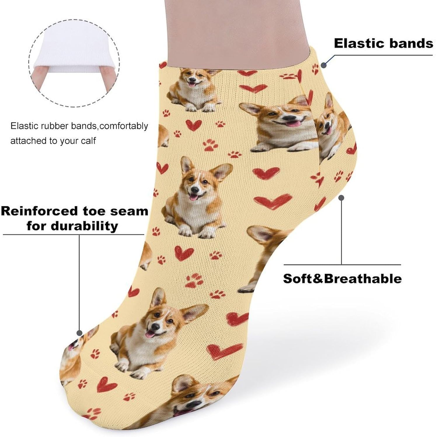 Cute Corgi Dog Paw Socks for Men Women 5 Pairs Ankle Socks