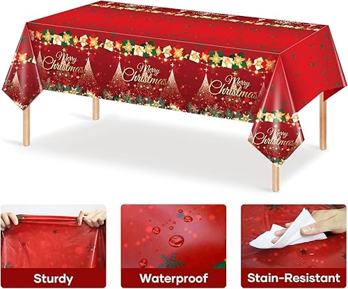 Miniatura 3 de 3 manteles de Navidad de 54 x 108 pulgadas, desechables, de plástico, rectangular, color rojo, copos de nieve, decoración de mesa de Navidad para el