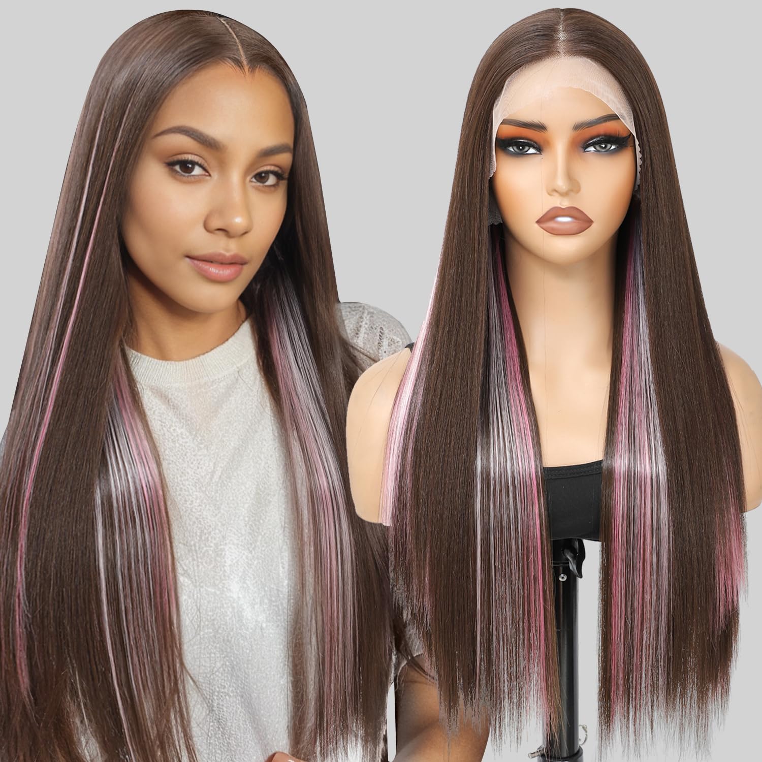 Synthetic Lace Front Wig 13X4X1 Inch Lace Front Wig 24 Inch Cheap Straight Lace Front Wigs Synthetic Wigs For Black Women Pre-Plucked Cheap Wigs Dark Brown/Pink