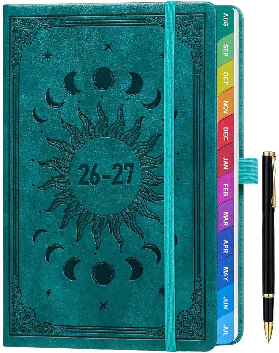 Academic Diary 2026-2027 Week to View A5, Aug 2026 - July 2027, Sun & Moon Cover, Colorful Tabs, Notes, Pen Set, Pocket, Hardcover, Size 5.9" × 8.5" - Teal
