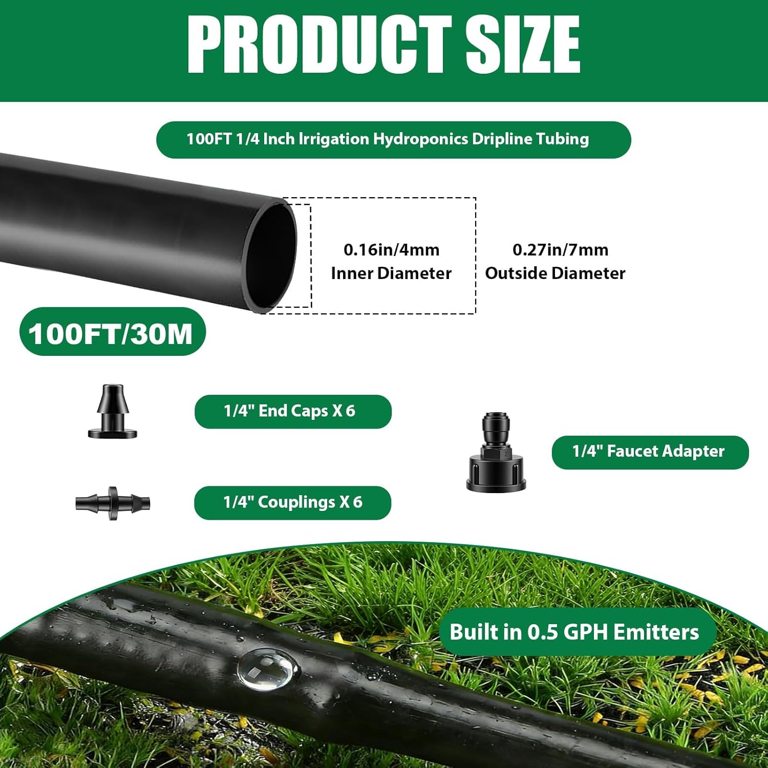 100FT Drip Line Kit Kalolary 1/4 Inch Hydroponics Dripline Hose with 6" Emitter Spacing Drip Irrigation Tubing Drip System Parts with End Plugs Coupling for Garden Lawn Farm Hydroponics