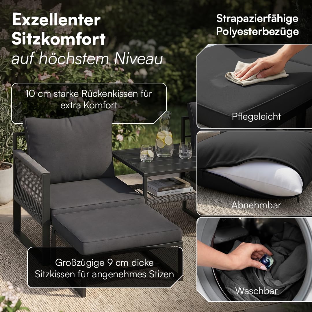 STEELSØN Tyranis Gartenmöbel Set Outdoor 4-TLG inkl. Tisch mit Ablage & Hocker – multifunktionales Balkonmöbel Set mit 6 Kissen – Sitzgarnitur Sessel für 4 Personen – dick gepolstert – Metall schwarz
